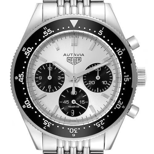 The image shows a front view of the Tag Heuer Autavia CBE2111.BA0687 Men's Stainless Steel Silver Dial CBE2111.BA0687 Men's Stainless Steel Silver Dial Limited Edition watch, highlighting its dial, bezel, and chronograph subdials.