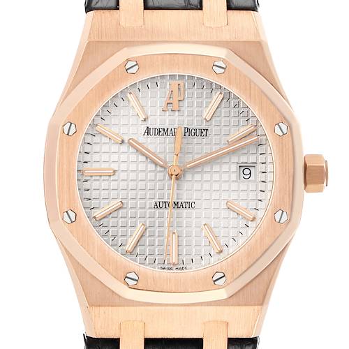 The image shows a frontal view of the Audemars Piguet Royal Oak 15300OR.OO.D088CR.02 Men's Rose Gold Silver Dial watch, highlighting the dial, bezel, and crown.