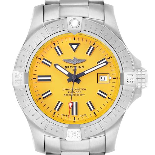The Breitling Avenger A17319 Men's Stainless Steel Yellow Dial watch is shown from a front angle, displaying its yellow dial, bezel, and bracelet clearly.