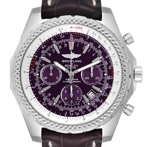 The image shows a front view of the Breitling Bentley A25362 Men's Stainless Steel Purple Dial A25362 Men's Stainless Steel Purple Dial watch, highlighting its dial, bezel, and crown.