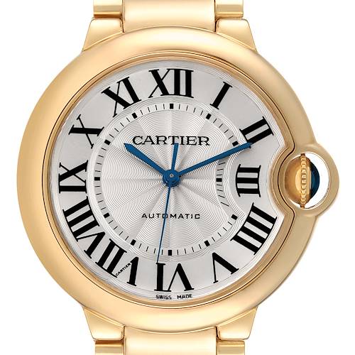 The image shows a close-up front view of the Cartier Ballon Bleu WGBB0046 Men's Yellow Gold Silver Dial WGBB0046 Men's Yellow Gold Silver Dial watch, highlighting the dial, hands, and crown.