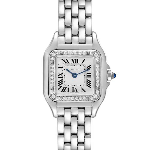 The Cartier Panthere W4PN0007 Women's Stainless Steel Silver Dial W4PN0007 Women's Stainless Steel Silver Dial watch is shown from a front angle, displaying the face, Roman numerals, bezel, and bracelet.