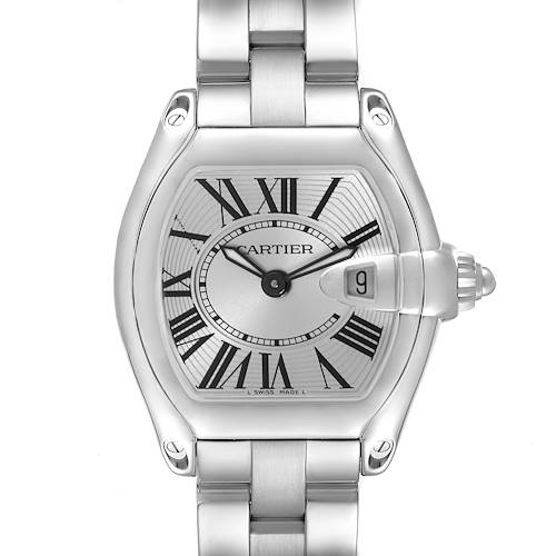 The Cartier Roadster W62016V3 Women's Stainless Steel Silver Dial W62016V3 Women's Stainless Steel Silver Dial watch is shown from the front, displaying the dial, Roman numerals, date window, and part of the bracelet.