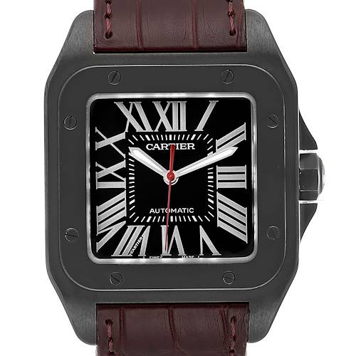 Front view of a Cartier Santos WSSA0006 Men's Stainless Steel Black Dial WSSA0006 Men's Stainless Steel Black Dial watch, showing the dial, hands, bezel, and part of the leather strap.