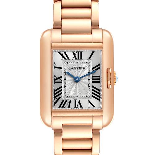 The Cartier Tank Anglaise W5310013 Women's Rose Gold Silver Dial W5310013 Women's Rose Gold Silver Dial watch is shown from the front, displaying the face, Roman numerals, case, and part of the bracelet.