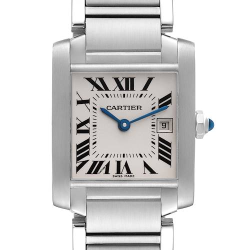The image shows a front view of the Cartier Tank Francaise W51011Q3 Women's Stainless Steel Silver Dial W51011Q3 Women's Stainless Steel Silver Dial watch, highlighting its face, hands, and part of the bracelet.
