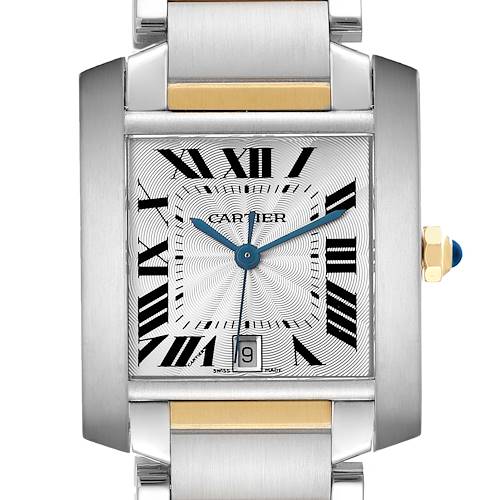 The Cartier Tank Francaise W51005Q4 Men's Steel and Gold (two tone) Silver Dial watch is shown from the front, displaying the square face, Roman numerals, and the crown with a blue cabochon.
