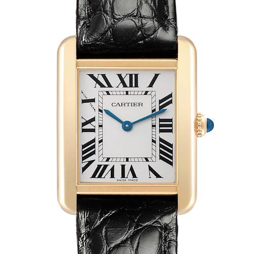 The Cartier Tank Solo W1018755 Women's Steel and Gold (two tone) Silver Dial watch is shown from the front, displaying its face, Roman numerals, blue hands, and black leather strap.