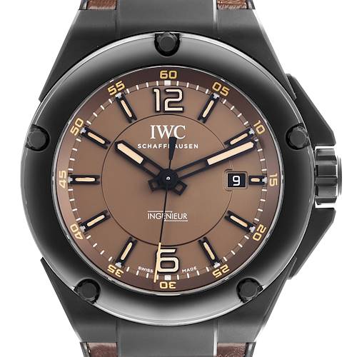 The IWC Ingenieur IW322504 Men's Ceramic Brown Dial IW322504 Men's Ceramic Brown Dial watch is shown from a front angle, featuring the dial and bezel.