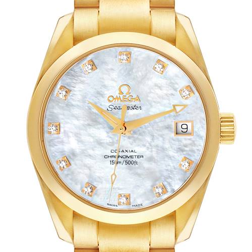 The image shows a front view of the Omega Aqua Terra 2104.75.00 Men's Yellow Gold Mother of Pearl Dial 2104.75.00 Men's Yellow Gold Mother of Pearl Dial watch, highlighting its dial, hands, date window, and bracelet.