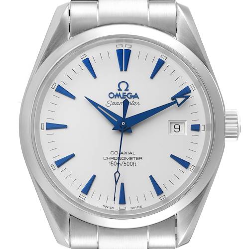 The Omega Aqua Terra 2503.33.00 Men's Stainless Steel Silver Dial 2503.33.00 Men's Stainless Steel Silver Dial watch is shown from a frontal angle, displaying its face, bezel, crown, and part of the bracelet.