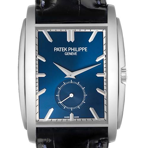 The Patek Philippe Gondolo 5124G-011 Men's White Gold Blue Dial 5124G-011 Men's White Gold Blue Dial watch is shown from the front, highlighting its blue dial and rectangular silver casing.