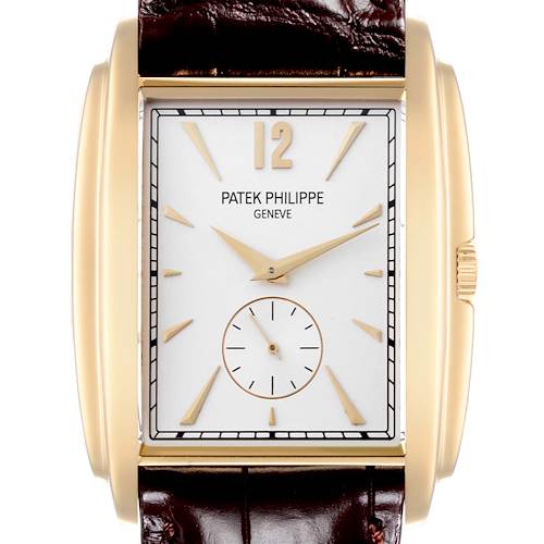 The Patek Philippe Gondolo 5124J Men's Yellow Gold Silver Dial 5124J Men's Yellow Gold Silver Dial watch is shown from the front, displaying the face, rectangular case, crown, and strap.