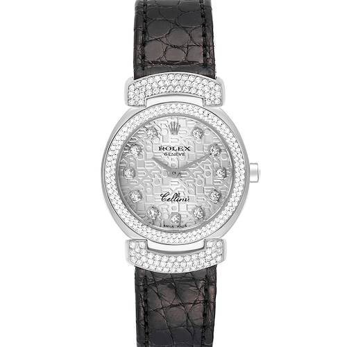 The Rolex Cellini 6673 Women's White Gold Silver Dial 6673 Women's White Gold Silver Dial watch is shown from a front angle, displaying the dial, bezel, and leather strap.