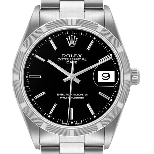 This image shows a front view of a Rolex Oyster Perpetual Date watch, highlighting its black dial, date window, and stainless steel bracelet.