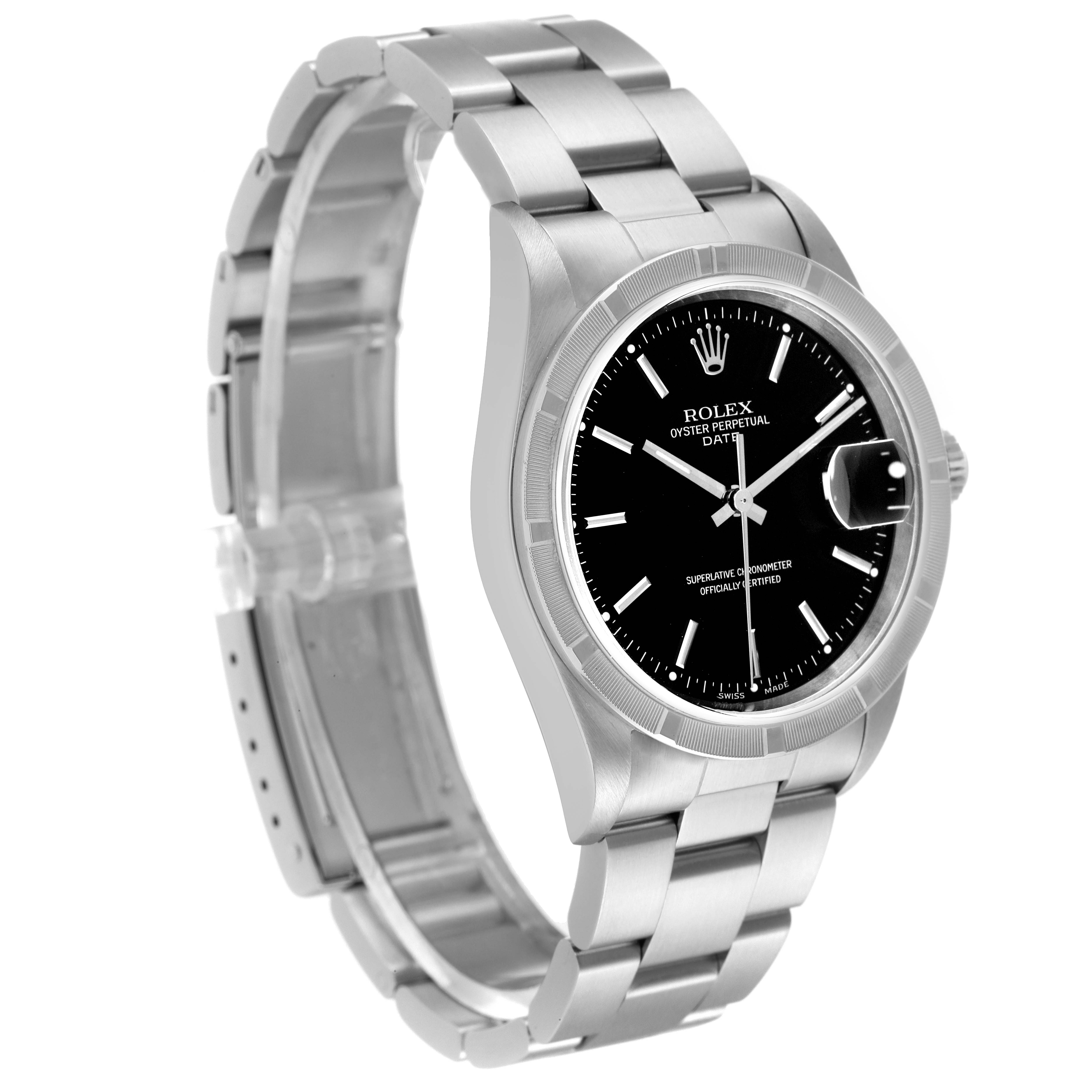 The image shows a side angle of a Rolex Date 15210 Men's Stainless Steel Black Dial 15210 Men's Stainless Steel Black Dial model watch with a visible bracelet, bezel, and dial.