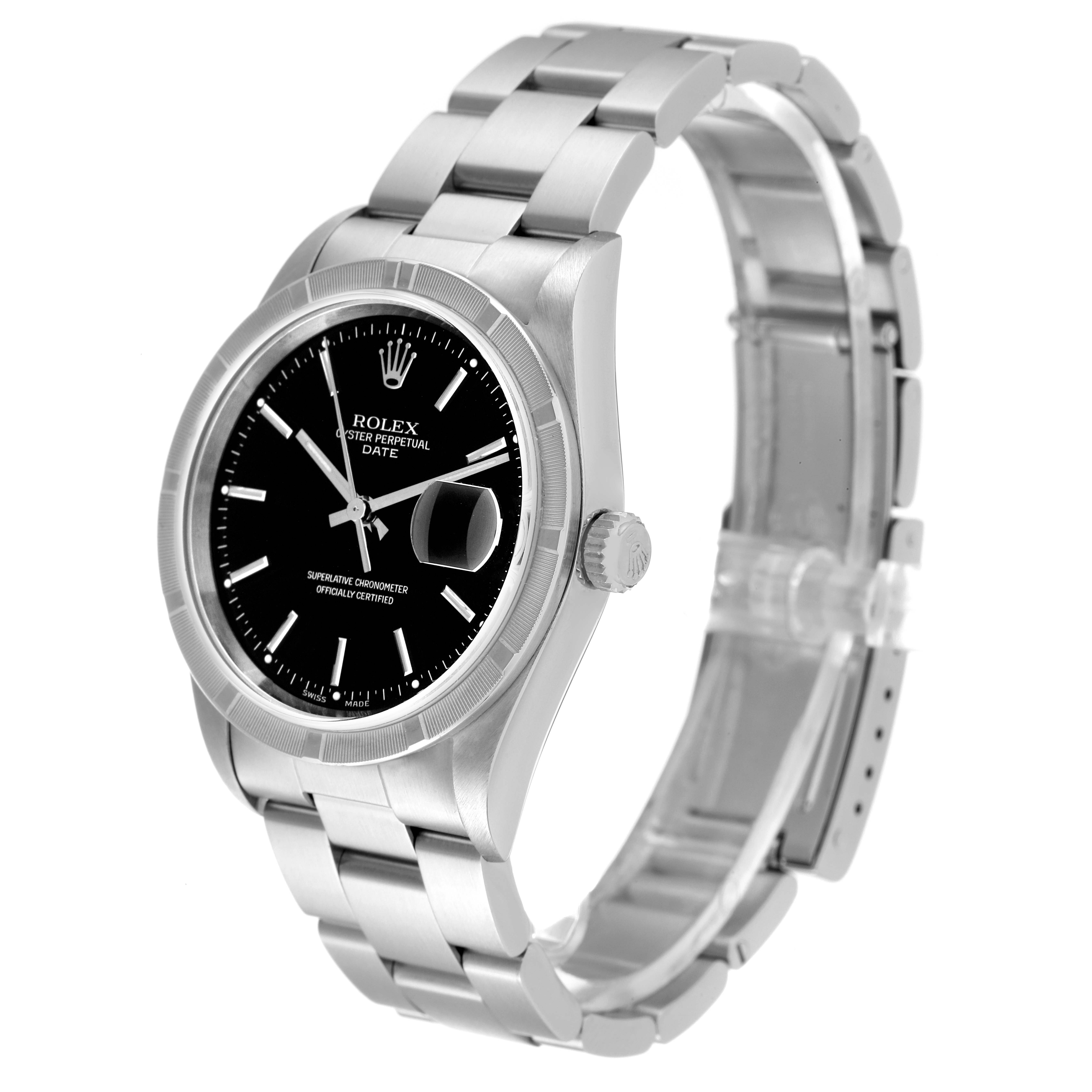 This image shows a Rolex Date 15210 Men's Stainless Steel Black Dial 15210 Men's Stainless Steel Black Dial model watch at an angled view, highlighting its face, bezel, crown, and bracelet.