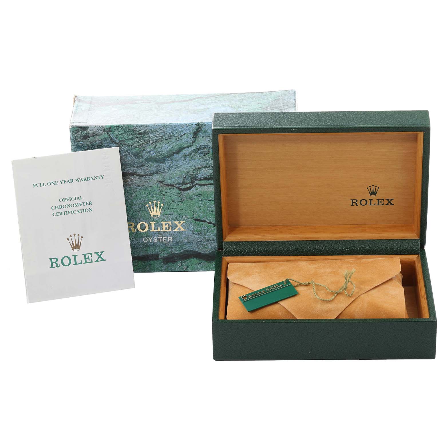 The image shows a Rolex Date 15210 Men's Stainless Steel Black Dial 15210 Men's Stainless Steel Black Dial model watch box, accompanying papers, and a warranty card, all from a front angle.