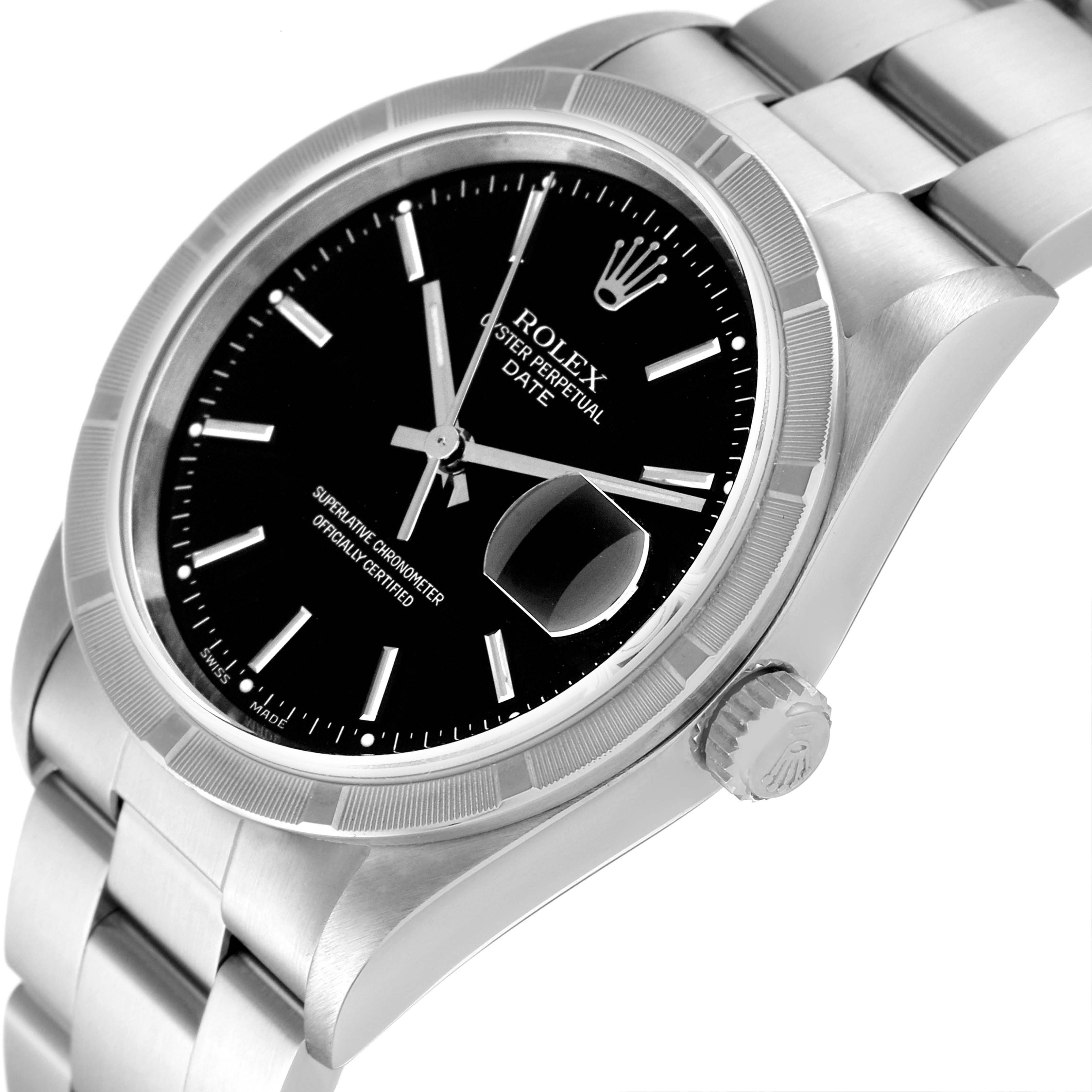 This image shows a Rolex Date 15210 Men's Stainless Steel Black Dial 15210 Men's Stainless Steel Black Dial model watch from an angled view highlighting the dial, crown, and part of the bracelet.