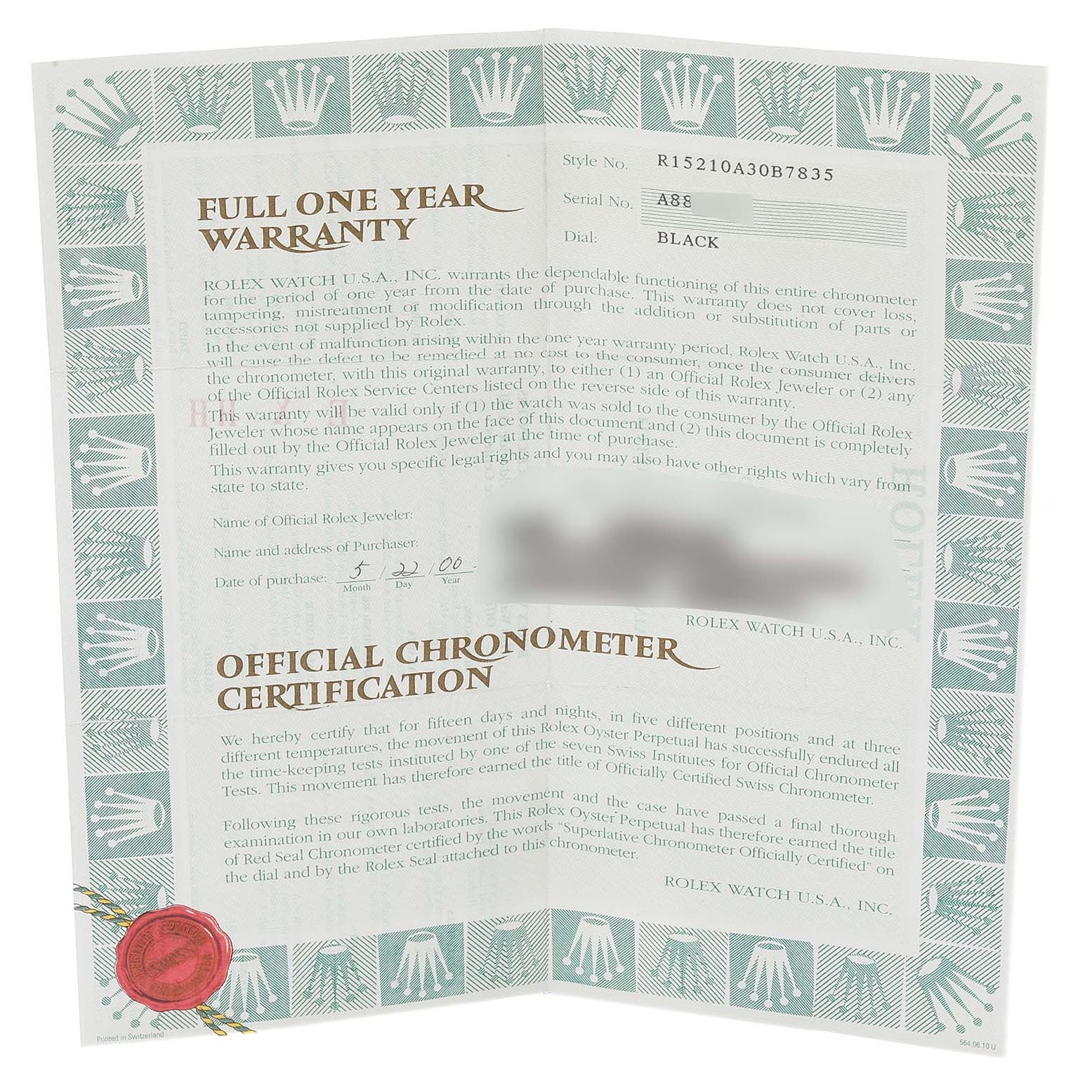 The image shows a full one-year warranty and official chronometer certification document for a Rolex Date 15210 Men's Stainless Steel Black Dial 15210 Men's Stainless Steel Black Dial model watch.