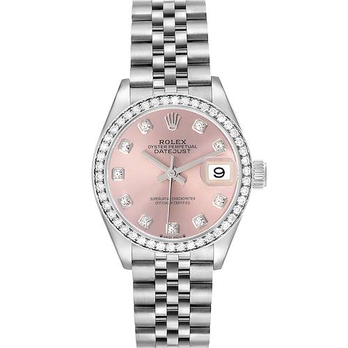 The Rolex Datejust 279384 Women's Stainless Steel Pink Dial watch is shown from a front angle, displaying the dial, bezel, crown, and bracelet.