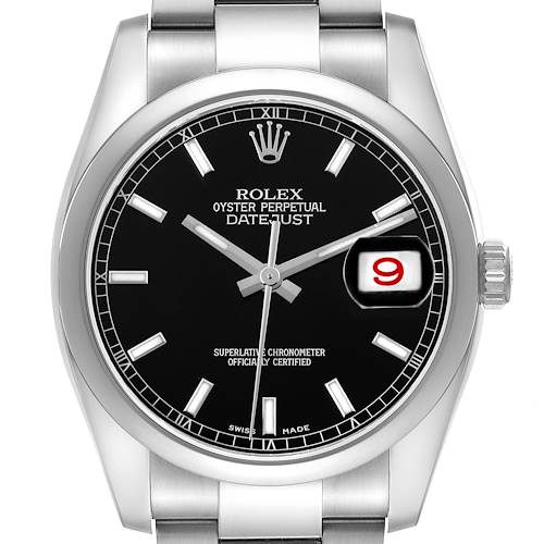 The Rolex Datejust 116200 Men's Stainless Steel Black Dial 116200 Men's Stainless Steel Black Dial watch is shown from a front angle, highlighting the face, bezel, and part of the bracelet.