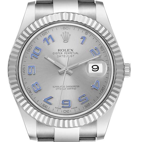 This image shows a front view of the Rolex Datejust 41 116334 Men's Stainless Steel Silver Dial 116334 Men's Stainless Steel Silver Dial watch, highlighting its dial, hour markers, hands, date window, and bezel.