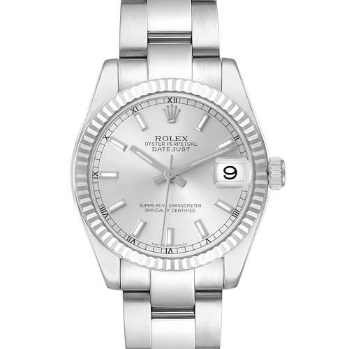The Rolex Datejust Mid-Size watch is shown from a front angle, highlighting the dial, bezel, and bracelet.