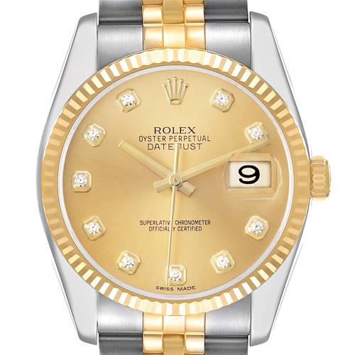 The image shows a frontal view of a Rolex Datejust 116233 Men's Steel and Gold (two tone) Champagne Dial watch, highlighting the dial, bezel, and part of the two-tone bracelet.