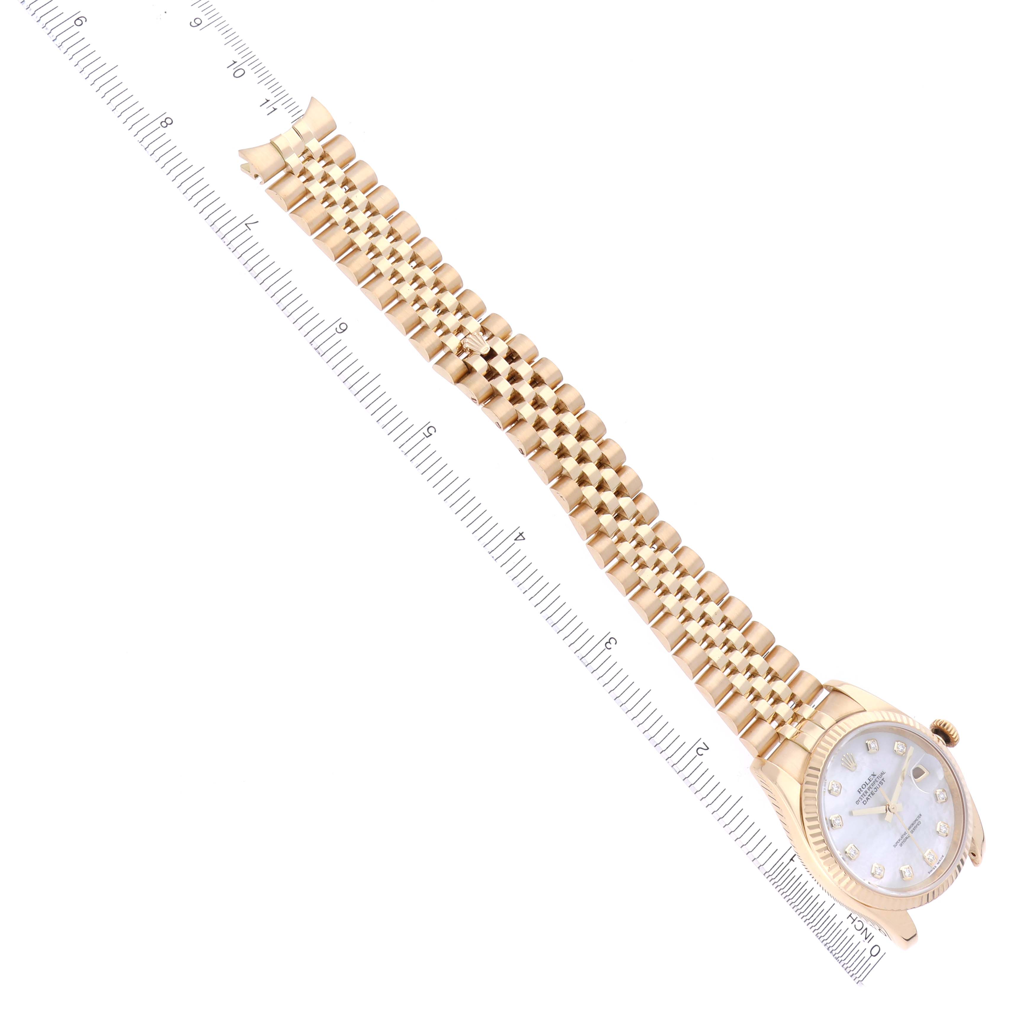 The image shows a Rolex Datejust 116238 Men's Yellow Gold Mother of Pearl Dial 116238 Men's Yellow Gold Mother of Pearl Dial watch at a three-quarter angle, highlighting the bracelet, dial, and partially the bezel.