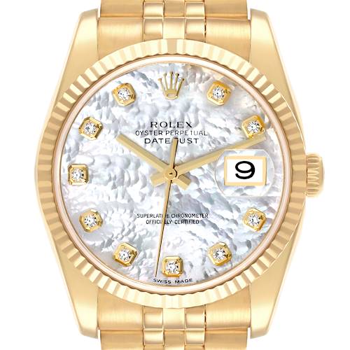 The Rolex Datejust 116238 Men's Yellow Gold Mother of Pearl Dial 116238 Men's Yellow Gold Mother of Pearl Dial watch is shown from the front, highlighting its face, dial, bezel, and bracelet.