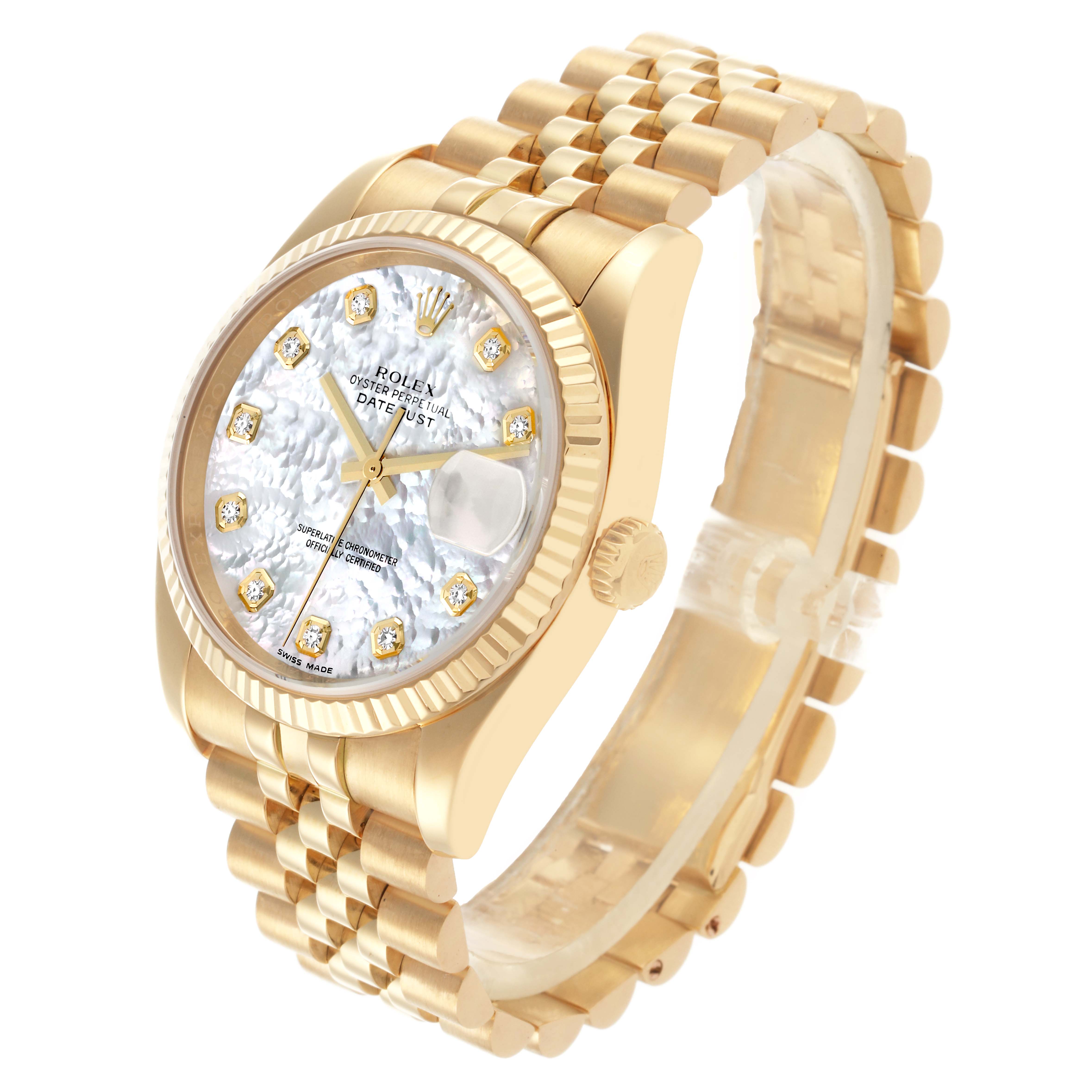 The Rolex Datejust 116238 Men's Yellow Gold Mother of Pearl Dial 116238 Men's Yellow Gold Mother of Pearl Dial watch is shown at a three-quarter angle, highlighting the face, bezel, and bracelet.