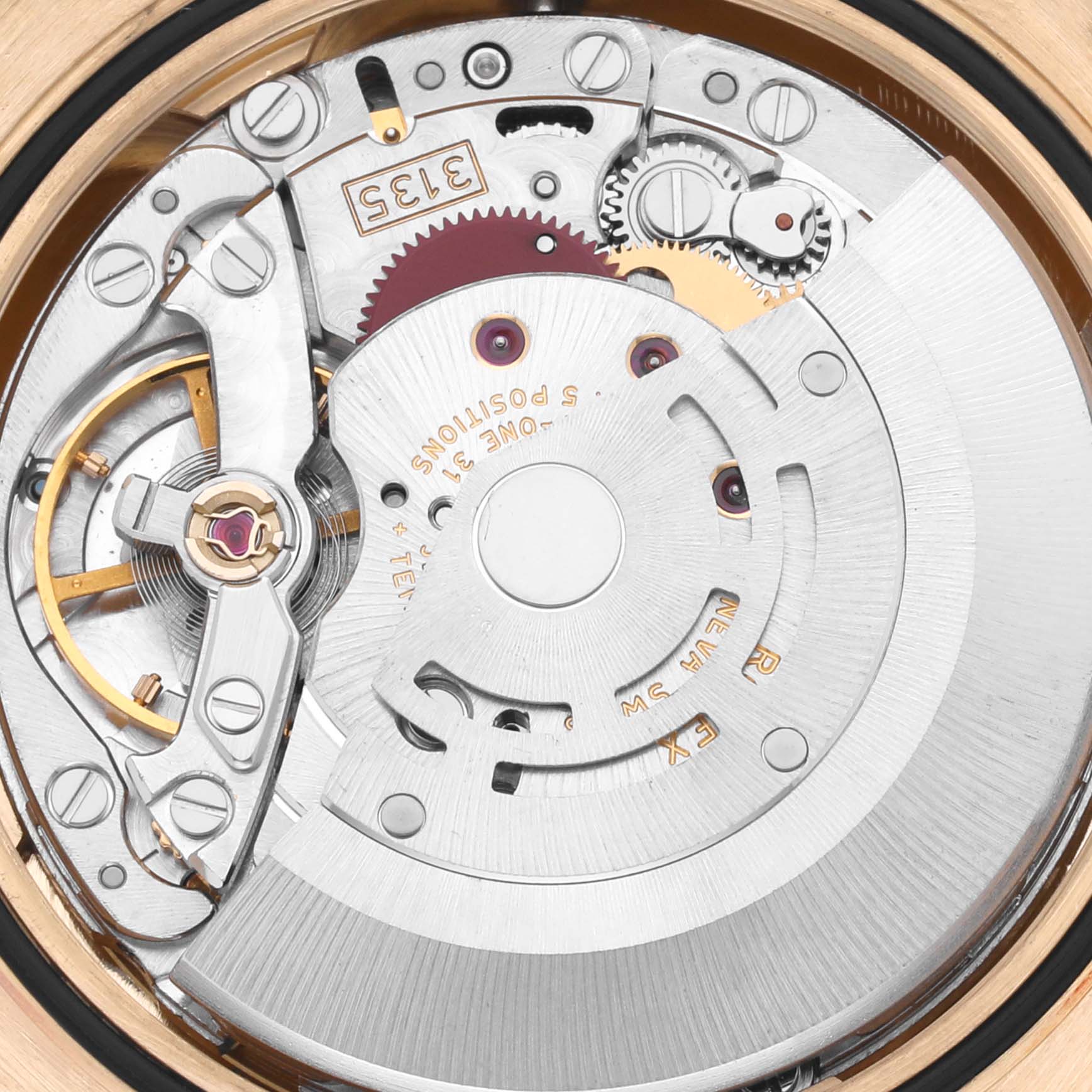 The image shows a close-up view of the movement mechanism of a Rolex Datejust 116238 Men's Yellow Gold Mother of Pearl Dial 116238 Men's Yellow Gold Mother of Pearl Dial watch.