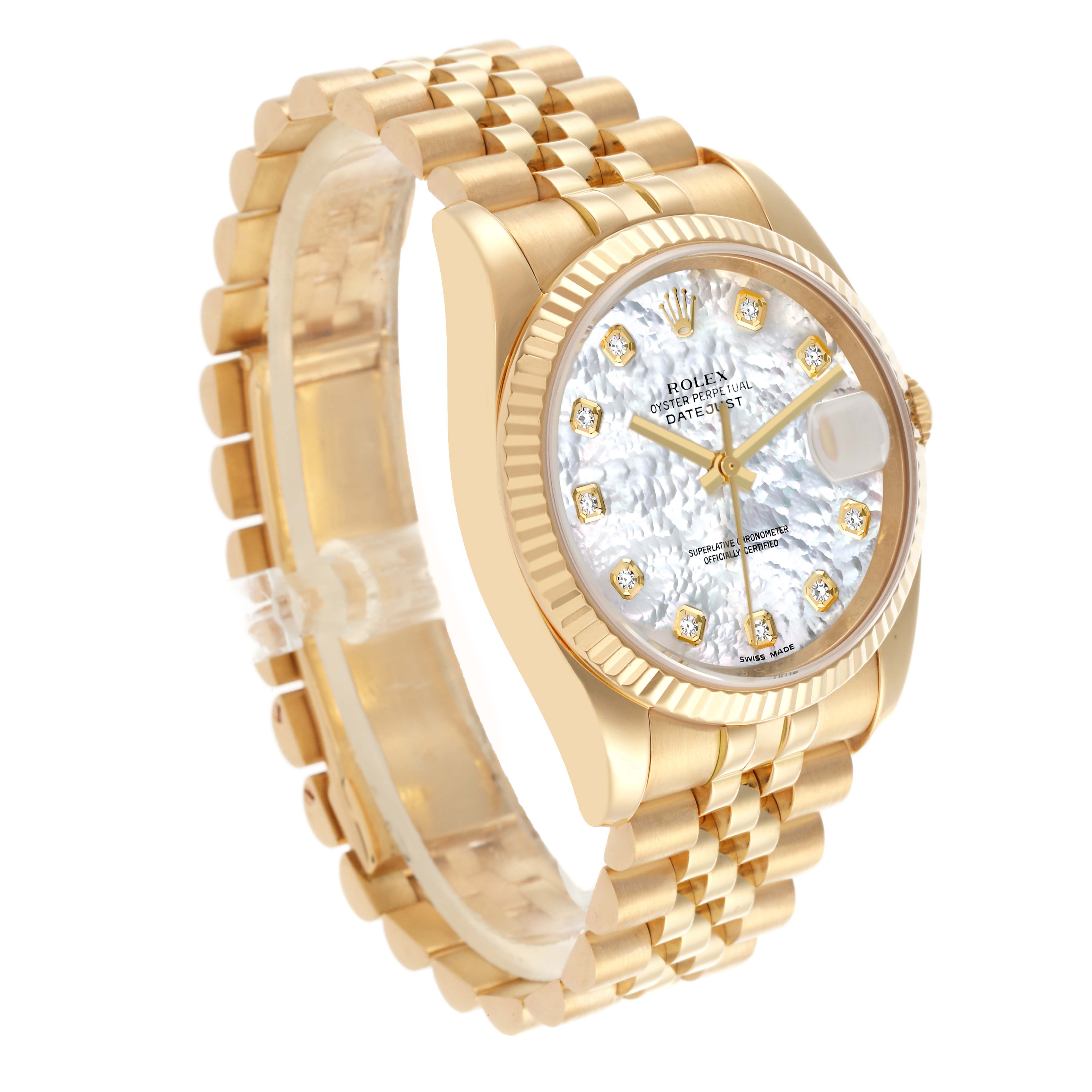The Rolex Datejust 116238 Men's Yellow Gold Mother of Pearl Dial 116238 Men's Yellow Gold Mother of Pearl Dial watch is shown at a three-quarter angle, highlighting the dial, bezel, case, and bracelet.