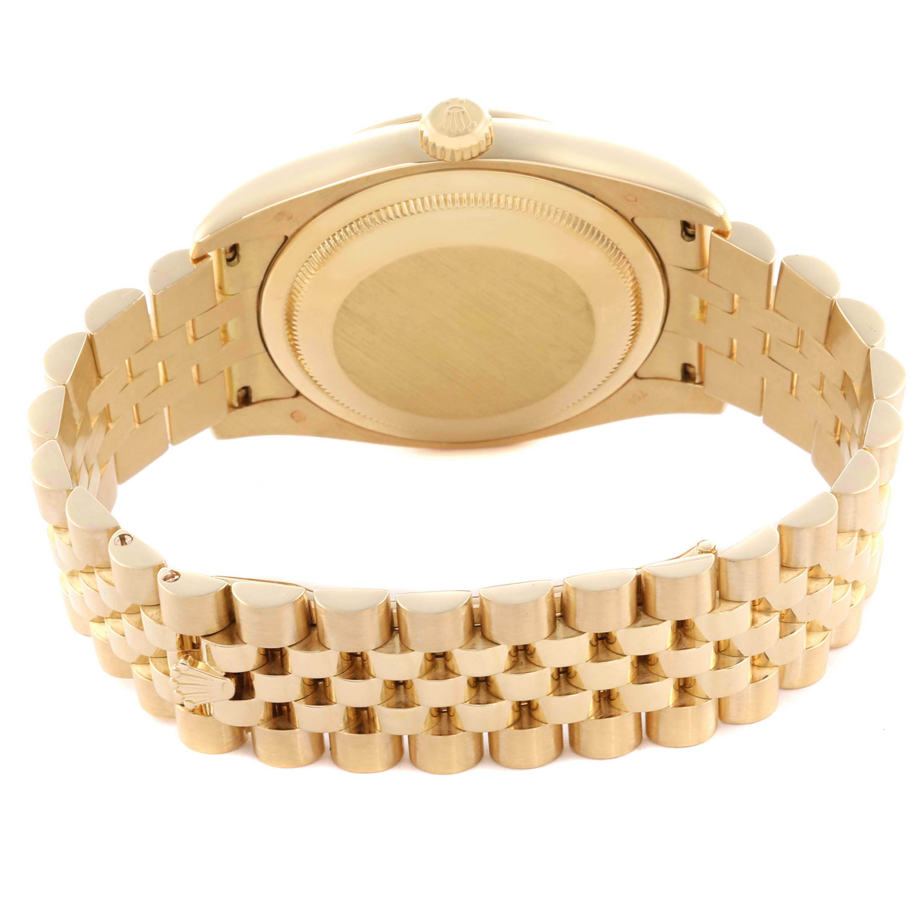 The Rolex Datejust 116238 Men's Yellow Gold Mother of Pearl Dial 116238 Men's Yellow Gold Mother of Pearl Dial watch is shown from the back, highlighting the case, crown, and metal bracelet.