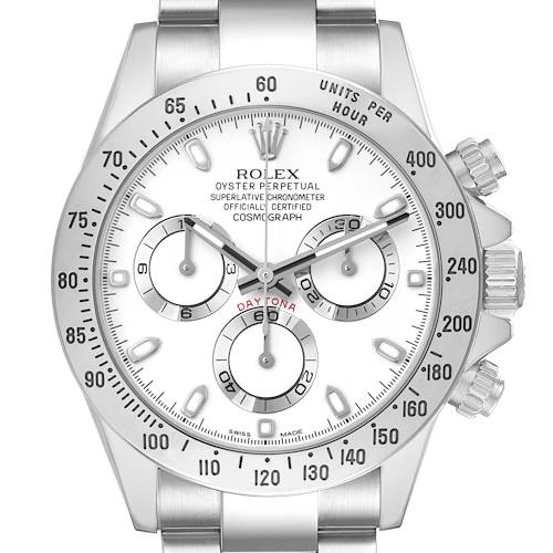 The image shows a front view of the Rolex Daytona 116520 Men's Stainless Steel White Dial watch, highlighting the bezel, dial, sub-dials, and pushers.
