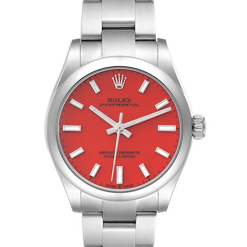 This image shows a front view of a Rolex Oyster Perpetual Mid-Size watch with a red dial and silver bracelet.