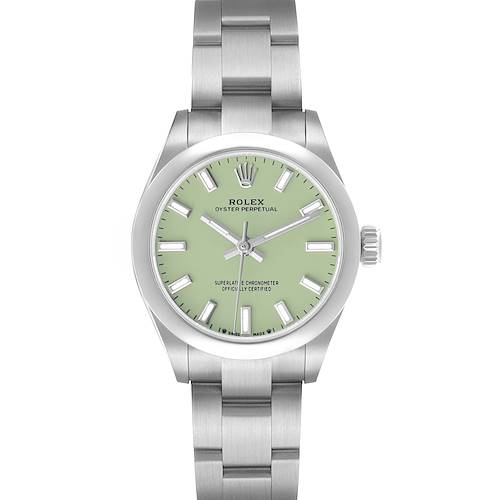 The Rolex Oyster Perpetual 276200 Women's Stainless Steel Green Dial watch is shown from the front, highlighting its dial, bezel, and bracelet.