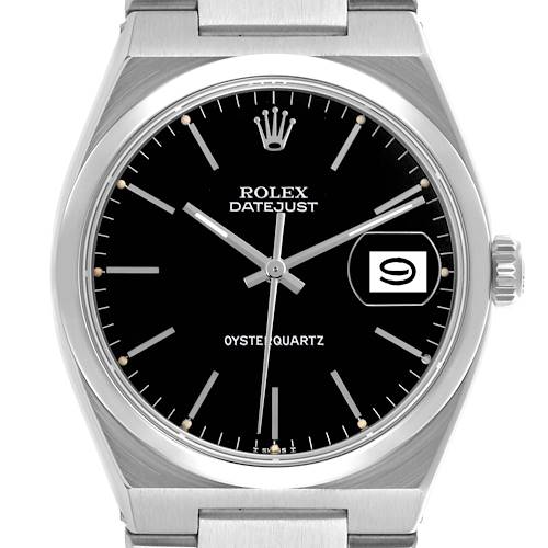 The Rolex Oysterquartz 17000 Men's Stainless Steel Black Dial 17000 Men's Stainless Steel Black Dial watch is shown from the front, displaying the dial, hands, date window, and part of the bracelet.