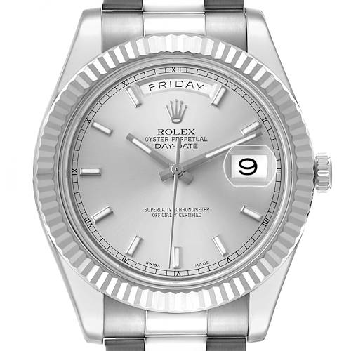 Photo of Rolex President Day-Date II White Gold Silver Dial Mens Watch 218239 Box Card