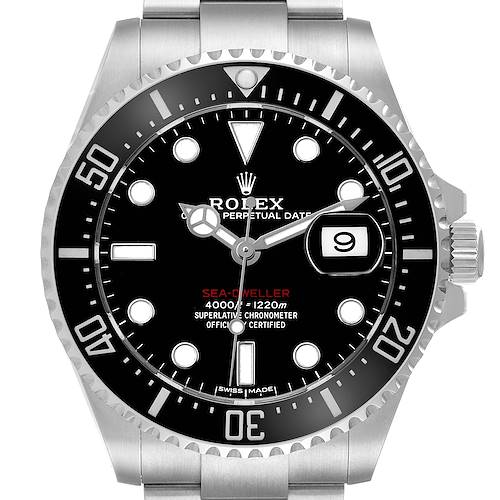 The Rolex Sea-Dweller 126600 Men's Stainless Steel Black Dial watch is shown from a front angle, highlighting the dial, bezel, and bracelet.