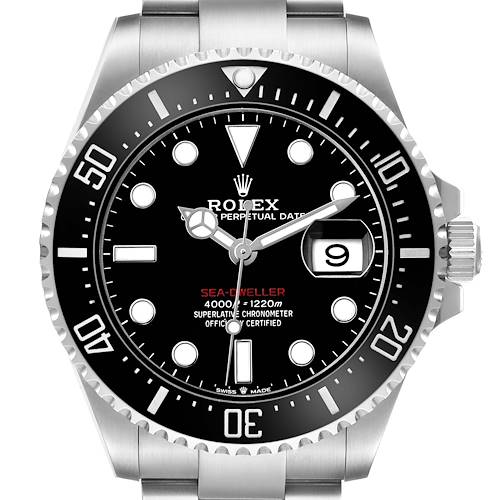 The Rolex Sea-Dweller 126600 Men's Stainless Steel Black Dial watch is shown from the front, displaying the dial, bezel, date, and part of the bracelet.