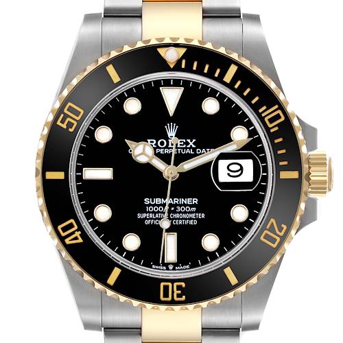 The Rolex Submariner 126613 Men's Steel and Gold (two tone) Black Dial watch is shown from the front, highlighting its black dial, gold detailing, and steel and gold bracelet.