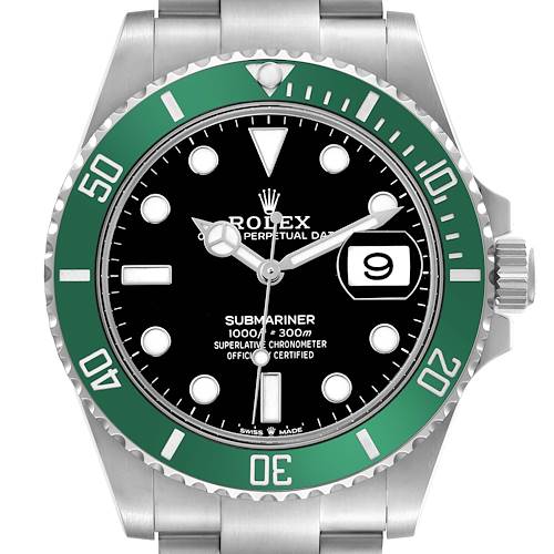 The Rolex Submariner 126610LV Men's Stainless Steel Black Dial is shown in a front view, highlighting its bezel, dial, hands, date window, and crown.