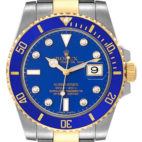 The image shows a front view of a Rolex Submariner 116613 Men's Steel and Gold (two tone) Blue Dial 116613 Men's Steel and Gold (two tone) Blue Dial watch featuring a blue dial, blue and gold bezel, and two-tone metal bracelet.