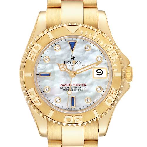 The image shows the front view of the Rolex Yacht-Master 68628 Men's Yellow Gold Mother of Pearl Dial 68628 Men's Yellow Gold Mother of Pearl Dial watch, displaying the dial, bezel, and part of the bracelet.