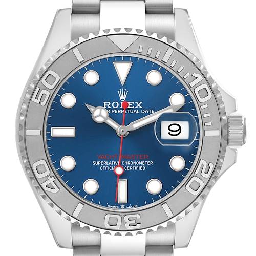 This Rolex Yacht-Master 126622 Men's Stainless Steel Blue Dial is shown from a top-down angle, displaying the dial, bezel, and part of the bracelet.