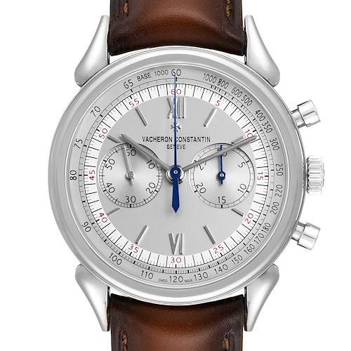 This is a front view of a Vacheron Constantin Vintage model watch showing the dial, subdials, hands, and brown leather strap.