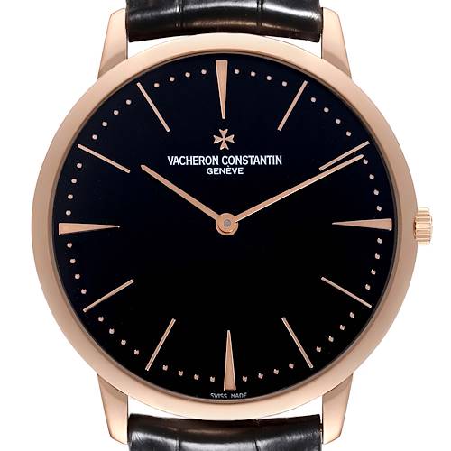 The Vacheron Constantin Patrimony 81180 Men's Rose Gold Black Dial 81180 Men's Rose Gold Black Dial watch is shown from the front, highlighting the dial, hands, indices, crown, and part of the strap.
