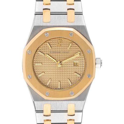 The image shows a Royal Oak by Audemars Piguet from a front view, highlighting its octagonal bezel and dial.